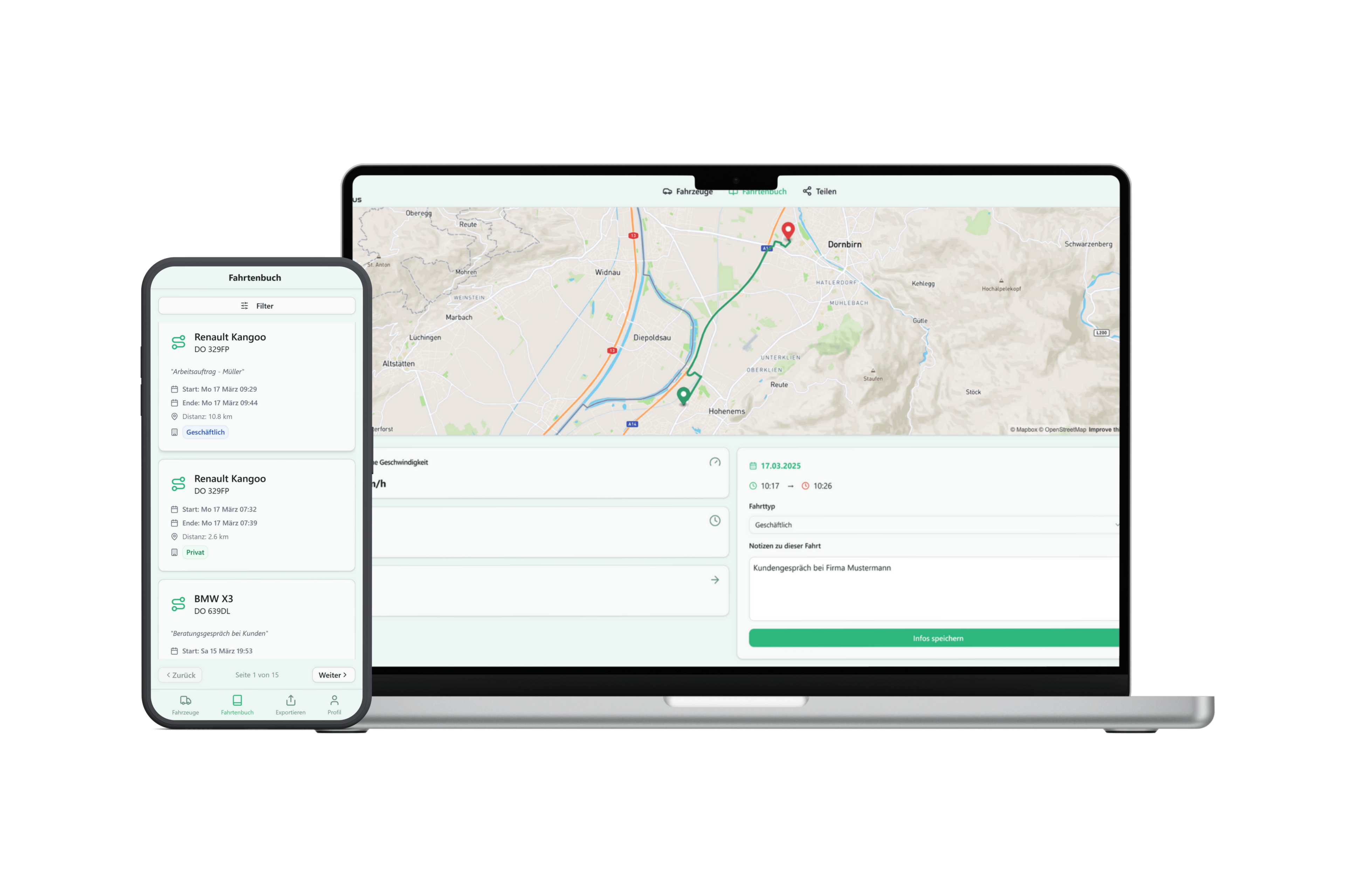 Ortungplus Fahrtenbuch auf Smartphone und Laptop