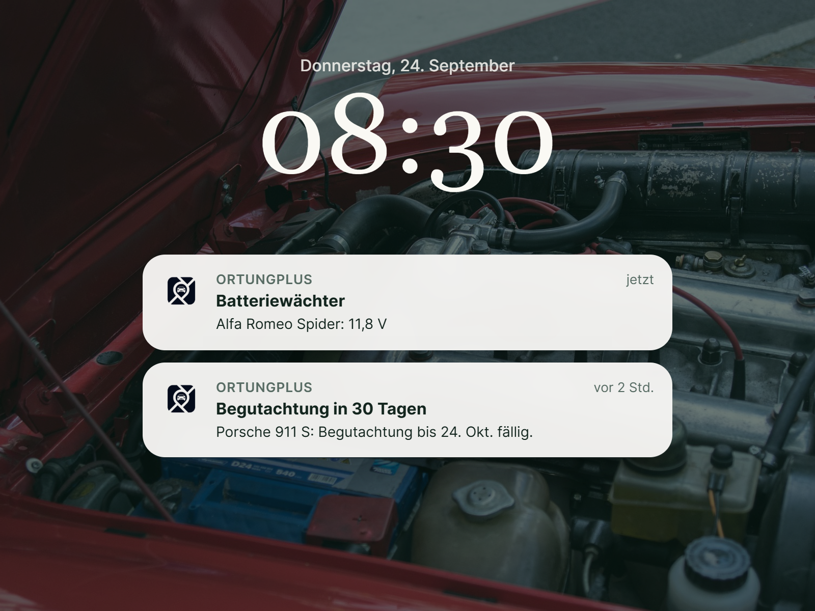 Ortungplus-App am Sperrbildschirm: Erinnerungen zu Batteriespannung und Begutachtung