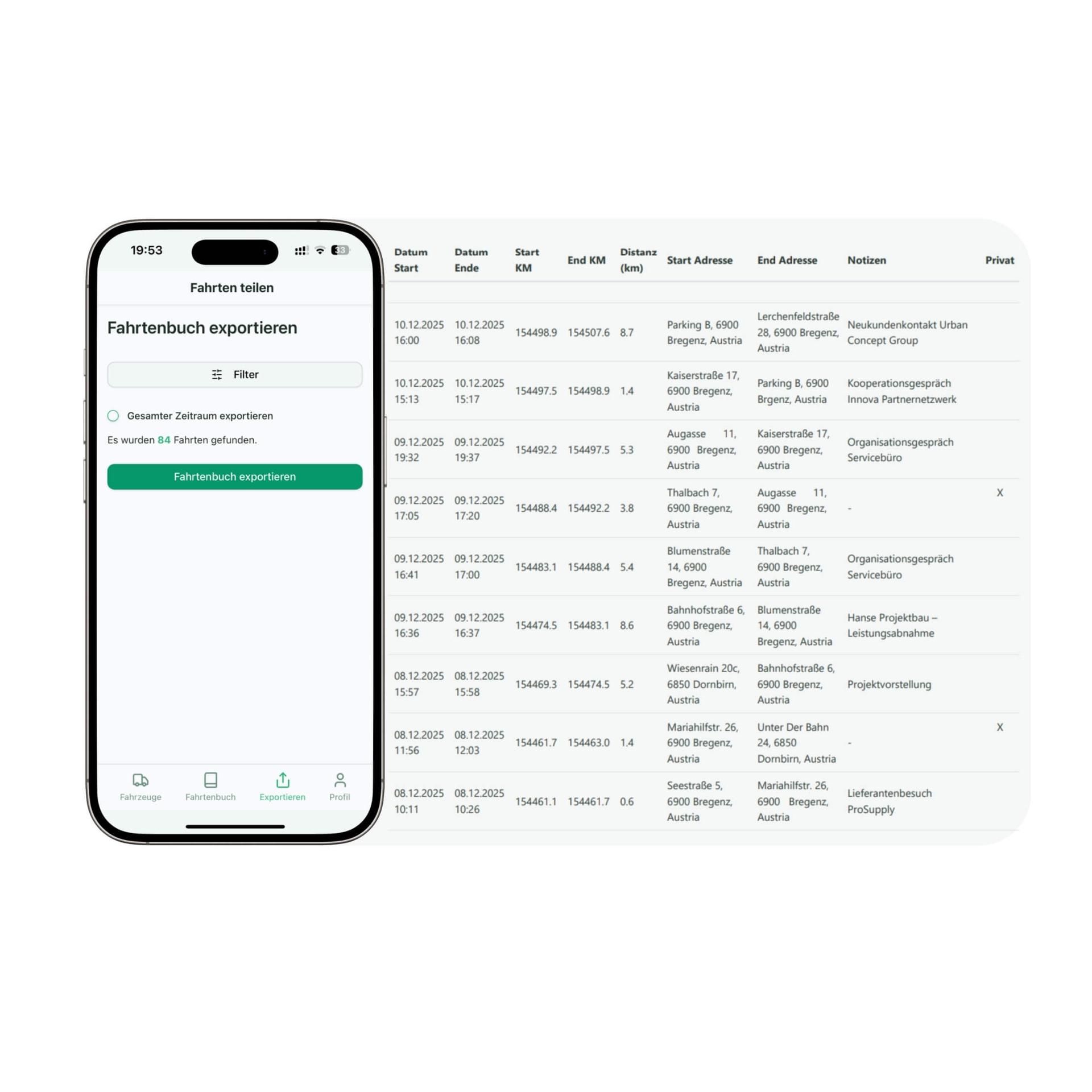 Ortungplus Fahrtenbuch als PDF-Export