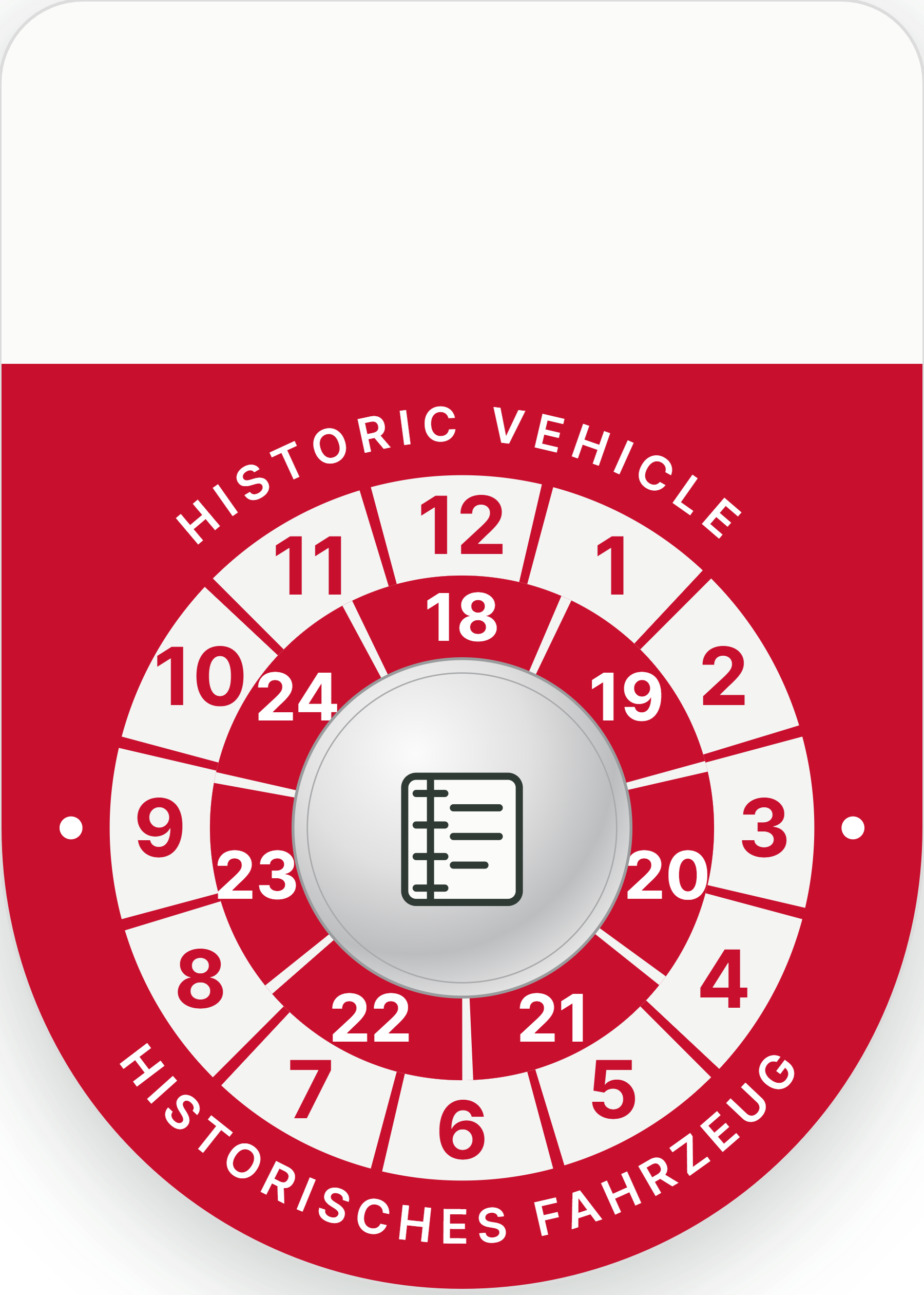 Rotes Pickerl für historische Fahrzeuge – Begutachtungsplakette Historisches Fahrzeug / Historic Vehicle mit Fahrtenbuch-Symbol in der Mitte